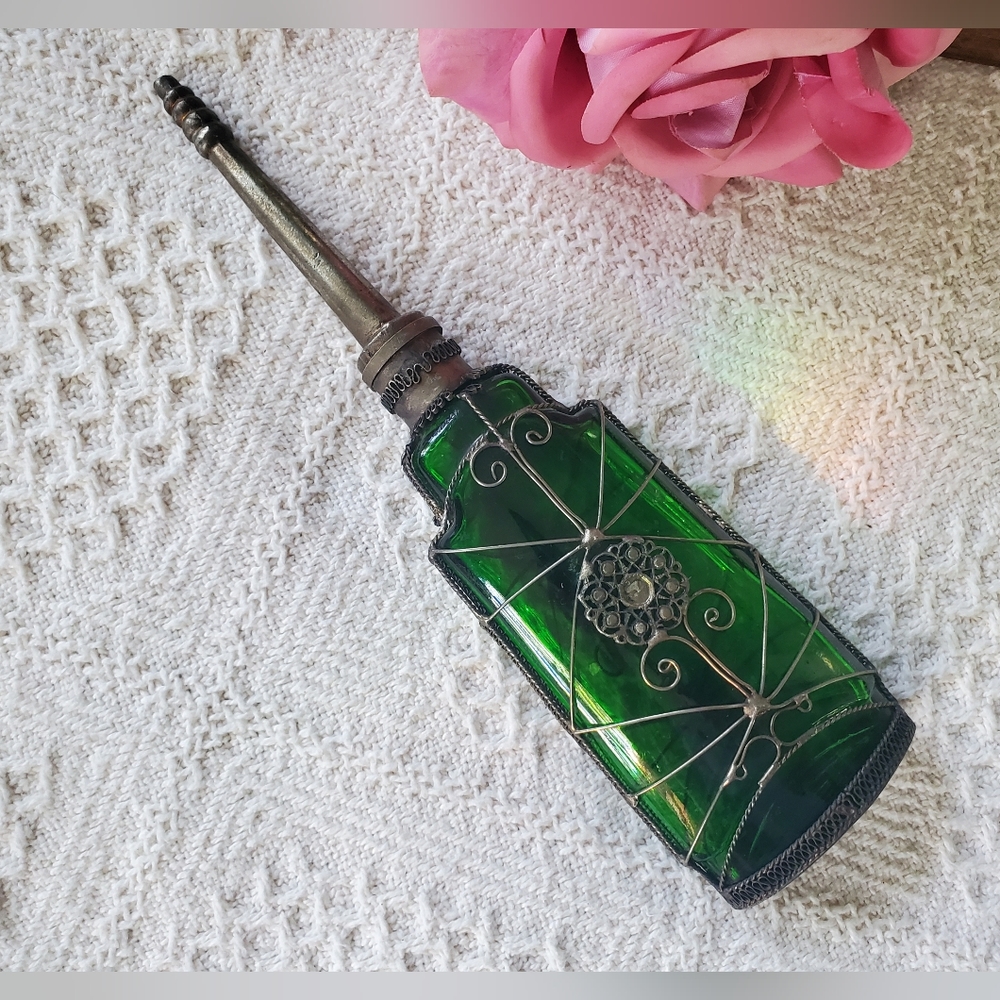 Vintage Morocco Rose Water Sprinkler Bottle Silver Wrap & Green Glass D-260